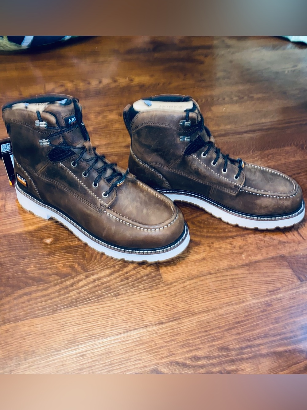 Size 14 Ariat Men's Brown Moc Toe Work Boots with White Sole